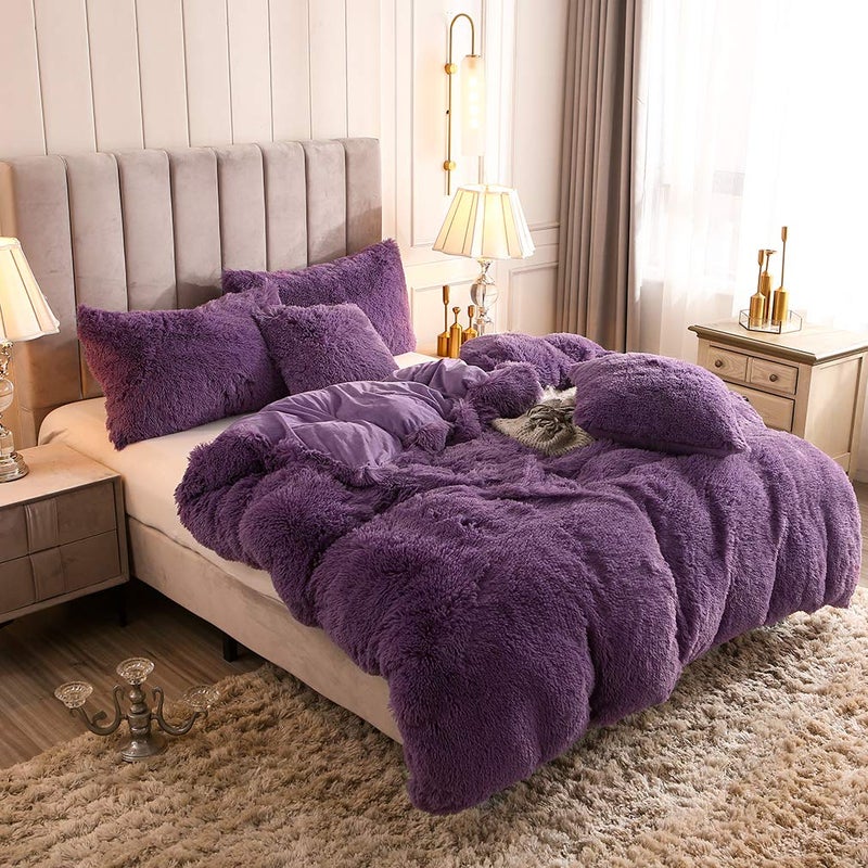 Uhamho Faux Fur Velvet Fluffy Bedding Duvet Cover Set Down Comforter Quilt Cover with Pillow Shams, Ultra Soft Warm (King, Purple) - Image 2